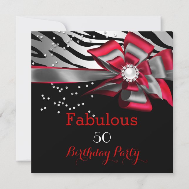 Fabulous 50 Party Red Zebra Black Silver Pearl Invitation (Front)