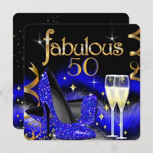 Fabulous 50 Party Royal Blue High Heels Gold Black Invitation