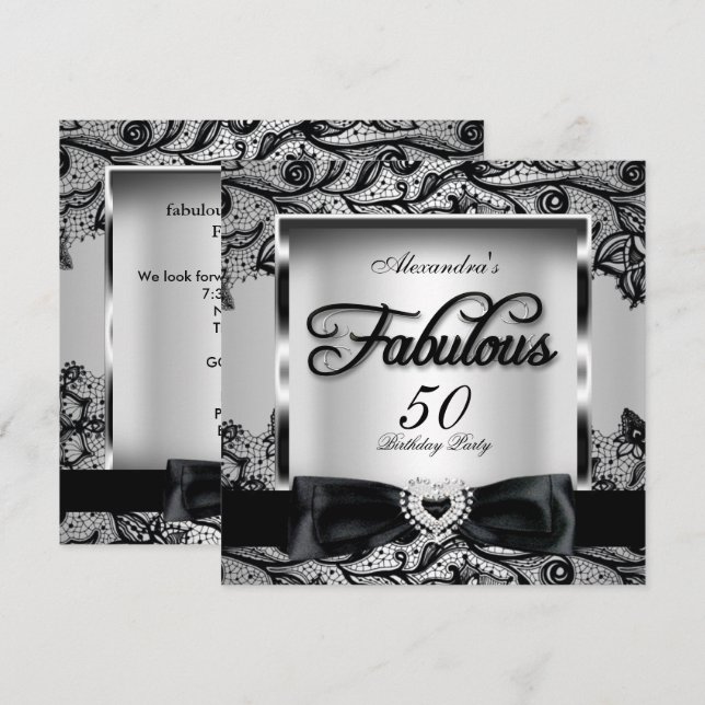 Fabulous 50 Party Silver Gray Damask Black Lace 2 Invitation (Front/Back)