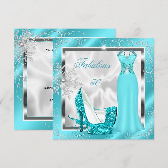 Fabulous 50 Party Teal Blue Silver Dress Heels S10 Invitation (Front/Back)