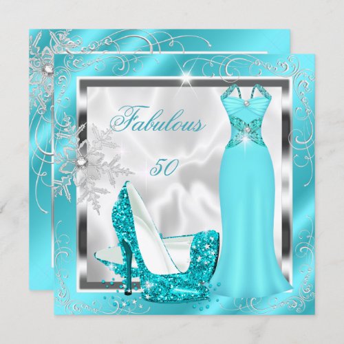 Fabulous 50 Party Teal Blue Silver Dress Heels S10 Invitation