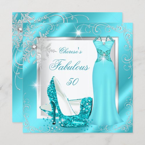 Fabulous 50 Party Teal Blue Silver Dress Heels S11 Invitation