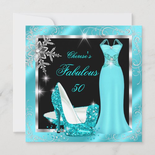 Fabulous 50 Party Teal Blue Silver Dress Heels S12 Invitation