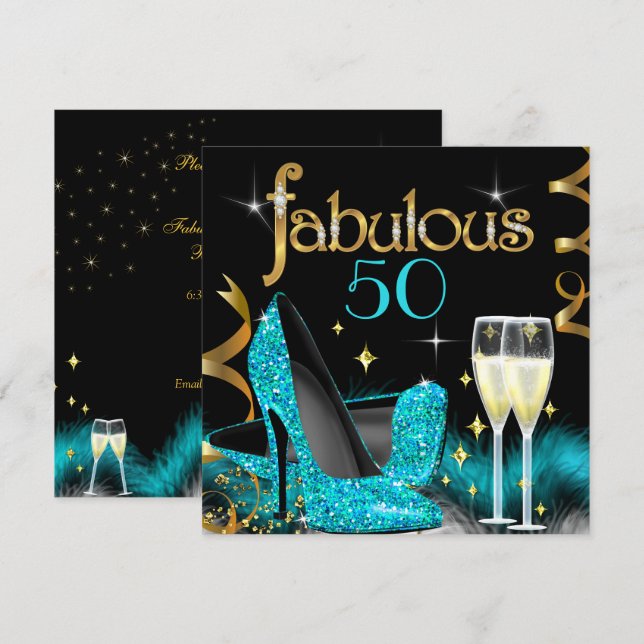 Fabulous 50 Party Teal High Heels Gold Black Invitation (Front/Back)