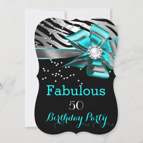 Fabulous 50 Party Teal Zebra Black Silver Pearl Invitation