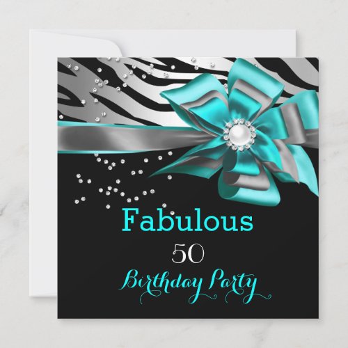 Fabulous 50 Party Teal Zebra Black Silver Pearl Invitation