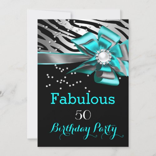 Fabulous 50 Party Teal Zebra Black Silver Pearl Invitation