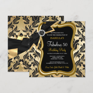 Fabulous 50 Pearl Gold Bow Black Damask Invite
