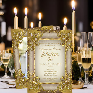 Fabulous 50 Photo beige Golden Pearl birthday Invitation