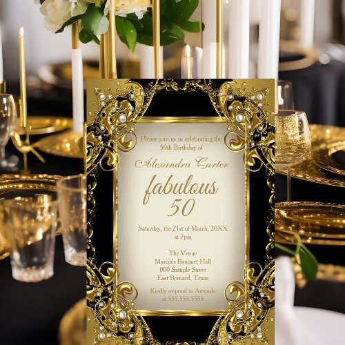 Fabulous 50 Photo black beige Golden Pearl Party Invitation