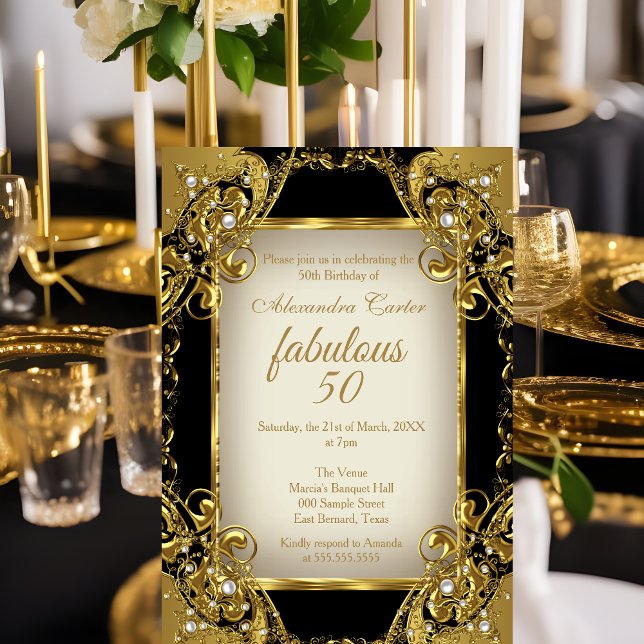 Fabulous 50 Photo black beige Golden Pearl Party Invitation (Creator Uploaded)