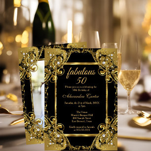 Fabulous 50 Photo black Gold Pearl Party Invitation