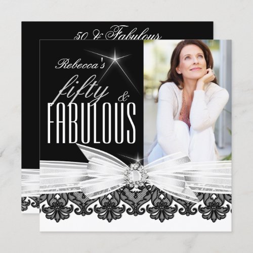 Fabulous 50 Photo Black Lace White 50th Birthday 2 Invitation