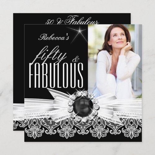 Fabulous 50 Photo Black Pearl White Lace Birthday Invitation