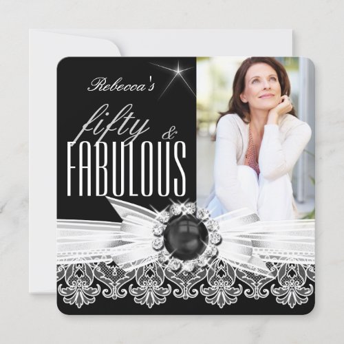 Fabulous 50 Photo Black Pearl White Lace Birthday Invitation