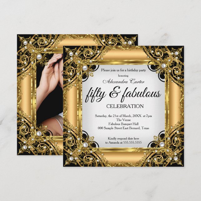Fabulous 50 Photo Black White Gold Birthday Party Invitation (Front/Back)