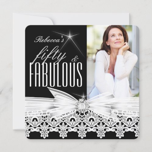 Fabulous 50 Photo Black White Lace 50th Birthday 2 Invitation