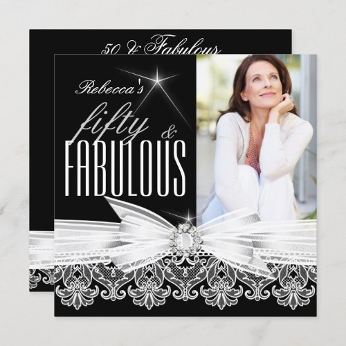 Fabulous 50 Photo Black White Lace 50th Birthday Invitation