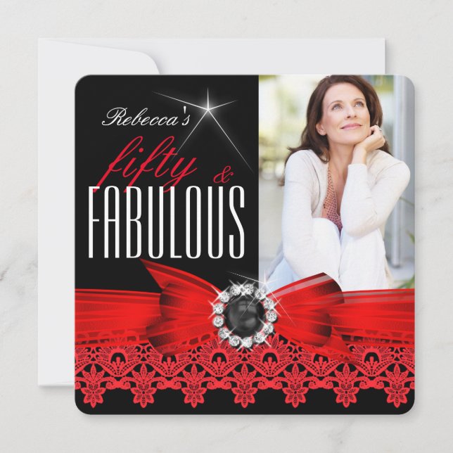 Fabulous 50 Photo Black White Red Lace Birthday Invitation (Front)
