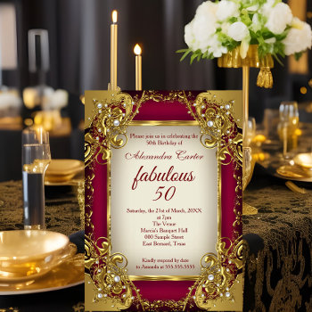 Fabulous 50 Photo Burgundy Red Beige Gold Party Invitation by Zizzago at Zazzle