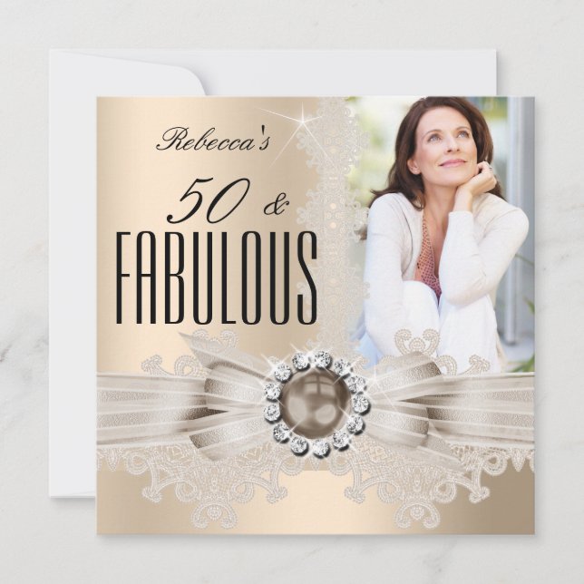 Fabulous 50 Photo Cream Beige Brown Pearl Lace Invitation (Front)