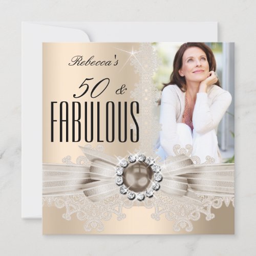 Fabulous 50 Photo Cream Beige Brown Pearl Lace Invitation