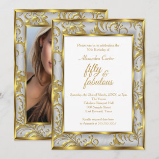 Fabulous 50 Photo Damask Gold gray silver birthday Invitation