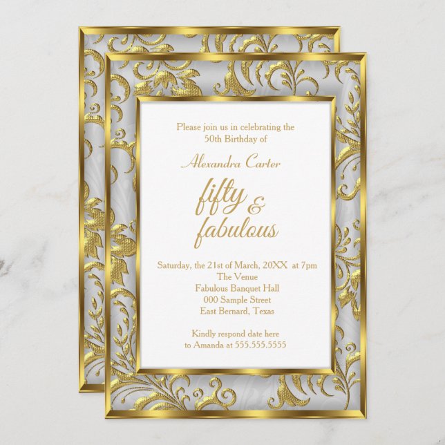 Fabulous 50 Photo Damask Gold gray silver birthday Invitation (Front/Back)