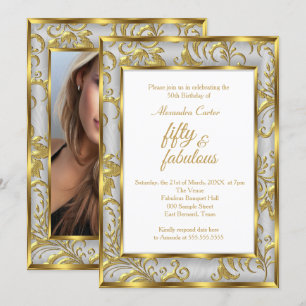Fabulous 50 Photo Damask Gold gray silver birthday Invitation
