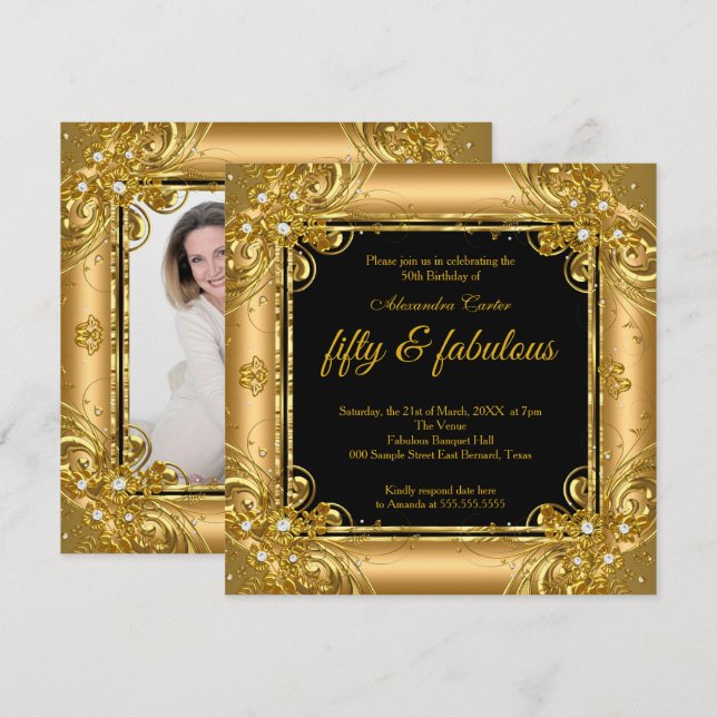 Fabulous 50 Photo Gold black Diamond birthday Invitation (Front/Back)
