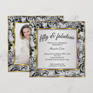 Fabulous 50 Photo Gold gray Black Damask birthday Invitation