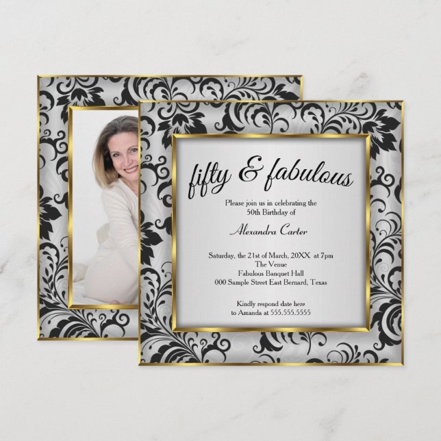 Fabulous 50 Photo Gold gray Black Damask birthday Invitation (Front/Back)