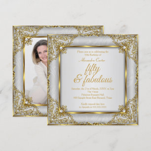 Fabulous 50 Photo Gold gray Pearl birthday Party Invitation