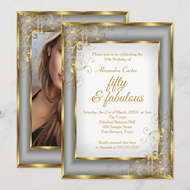 Fabulous 50 Photo Gold gray silver birthday party Invitation (Front/Back)