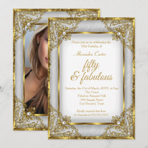 Fabulous 50 Photo Gold gray silver Pearl birthday Invitation
