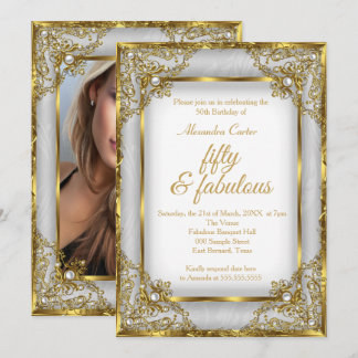 Fabulous 50 Photo Gold gray silver Pearl birthday Invitation