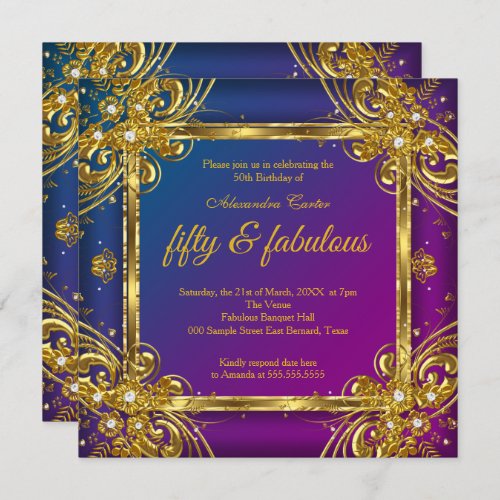Fabulous 50 Photo Gold Mulberry Blue Party Invitation
