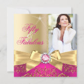Fabulous 50 Photo Gold Pink Bow 50th Birthday Invitation (Front)