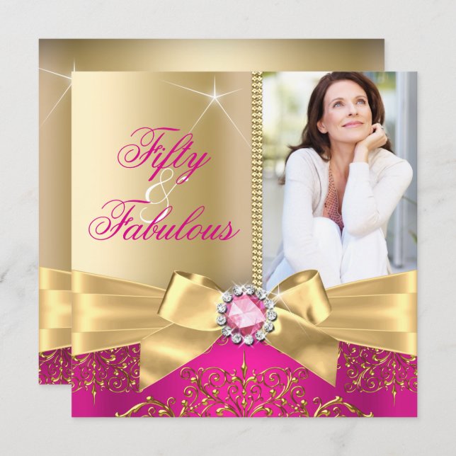 Fabulous 50 Photo Gold Pink Bow 50th Birthday Invitation (Front/Back)