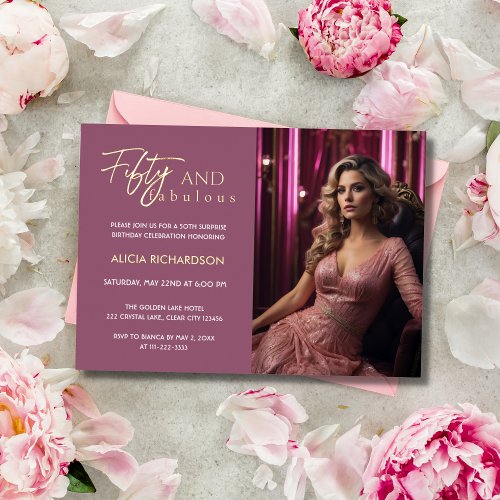 Fabulous 50 Photo Pink Gold Surprise 50th Birthday Foil Invitation