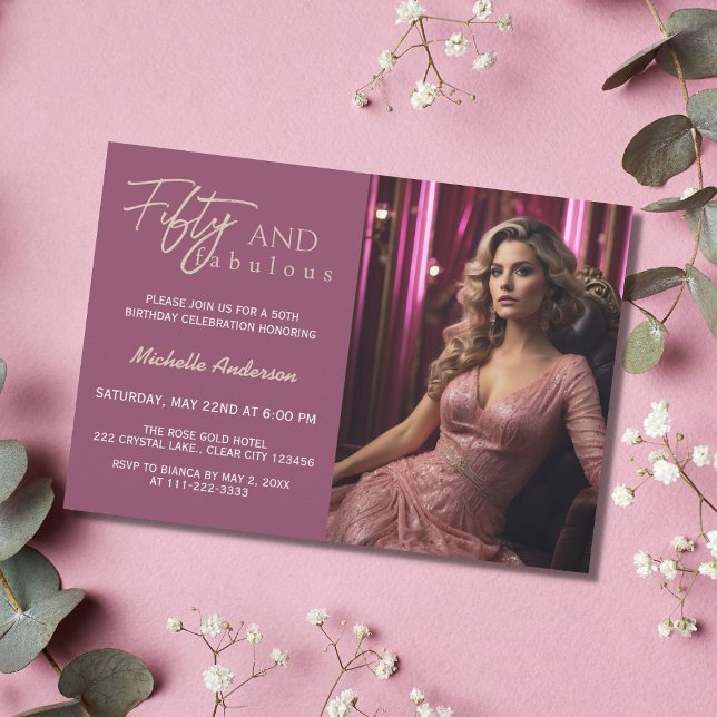 Fabulous 50 Photo Pink Rose Gold 50th Birthday Invitation (Creator Uploaded)