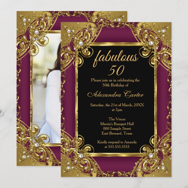 Fabulous 50 Photo Plum Gold Pearl Birthday Party Invitation (Front/Back)