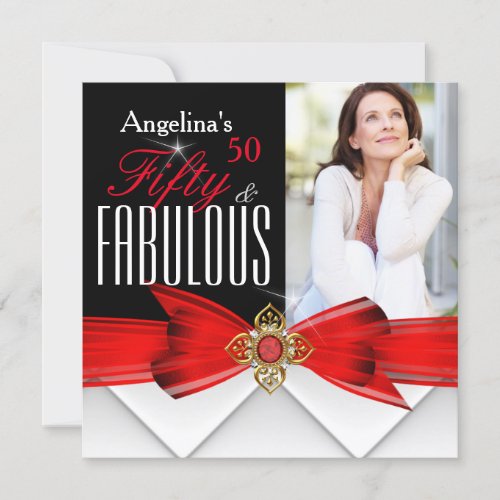 Fabulous 50 Photo Red Gold Elegant Modern Birthday Invitation