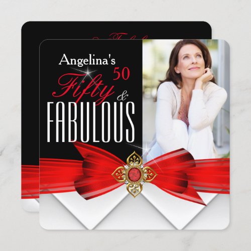 Fabulous 50 Photo Red Gold Elegant Modern Birthday Invitation