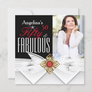 Fabulous 50 Photo Red Gold Elegant Modern Birthday Invitation