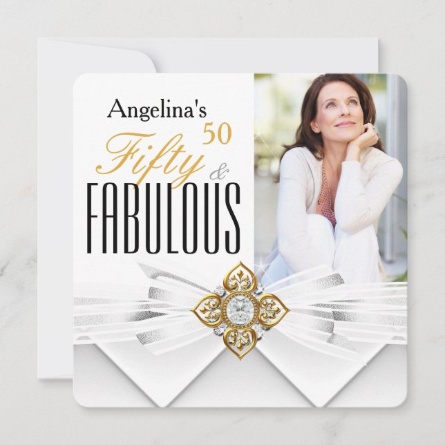 Fabulous 50 Photo White Gold Modern Birthday Invitation (Front)