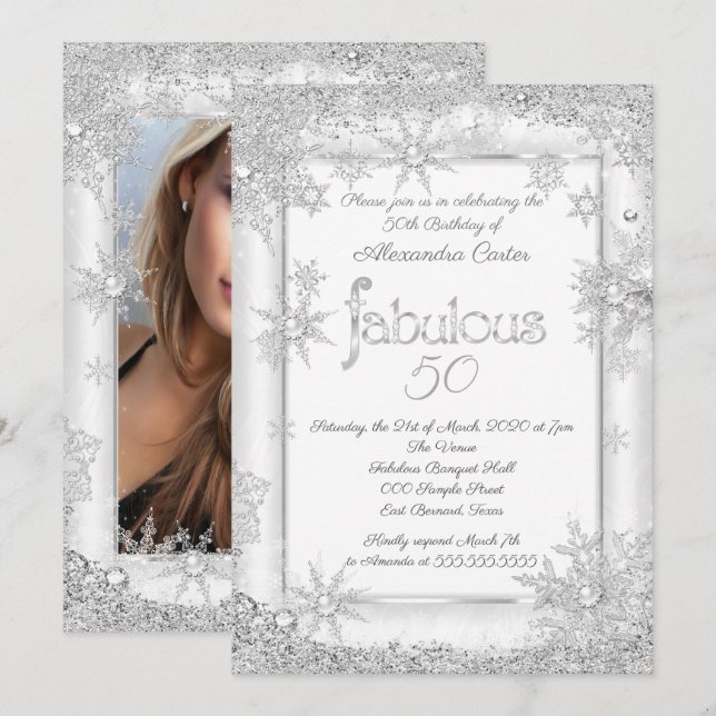 Fabulous 50 Photo White Silver Snowflake party Invitation (Front/Back)