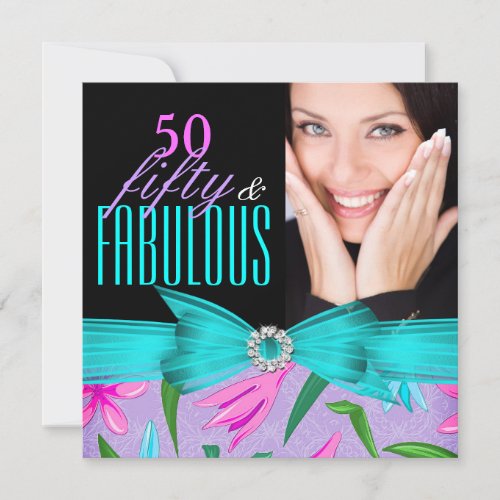 Fabulous 50 Pink Blue Lilac Floral Birthday Party Invitation