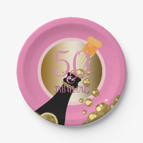 Fabulous 50 Pink Gold Champagne 50th Birthday Paper Plates