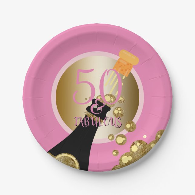 Fabulous 50 Pink Gold Champagne 50th Birthday Paper Plates (Front)